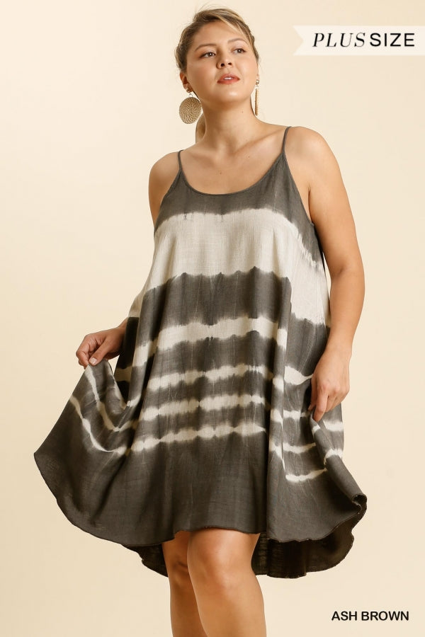 Umgee Plus Linen Blend Tie Dye Adjustable Spaghetti Strap No Lining Dress - Roulhac Fashion Boutique