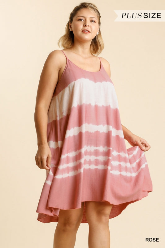 Umgee Plus Linen Blend Tie Dye Adjustable Spaghetti Strap No Lining Dress - Roulhac Fashion Boutique