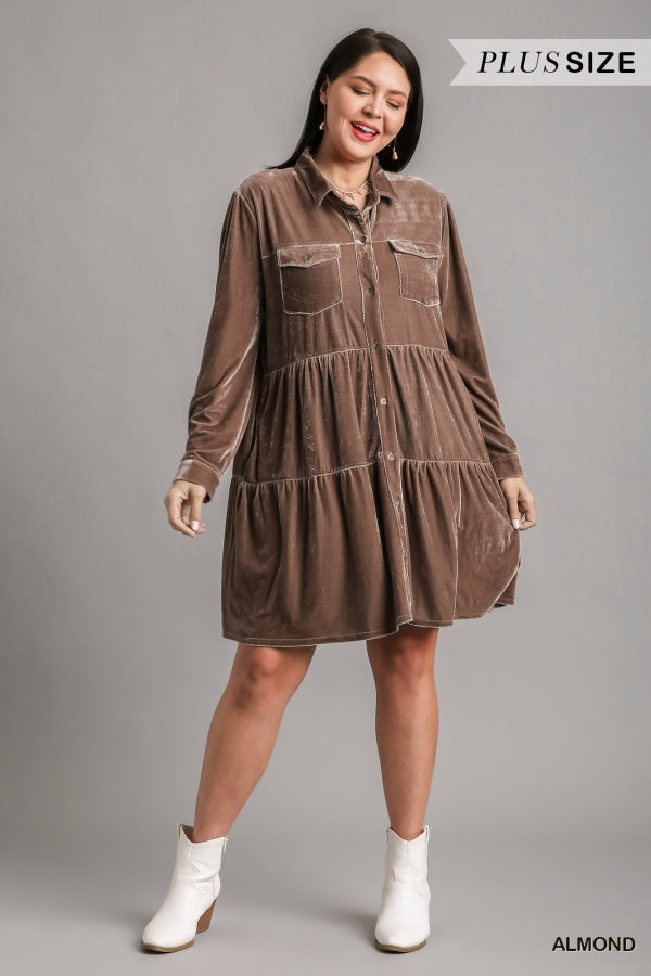 Umgee Plus Velvet Long Sleeve Collar Button Down Tiered Pocket Dress