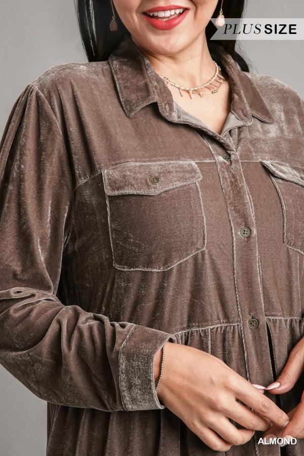 Umgee Plus Velvet Long Sleeve Collar Button Down Tiered Pocket Dress