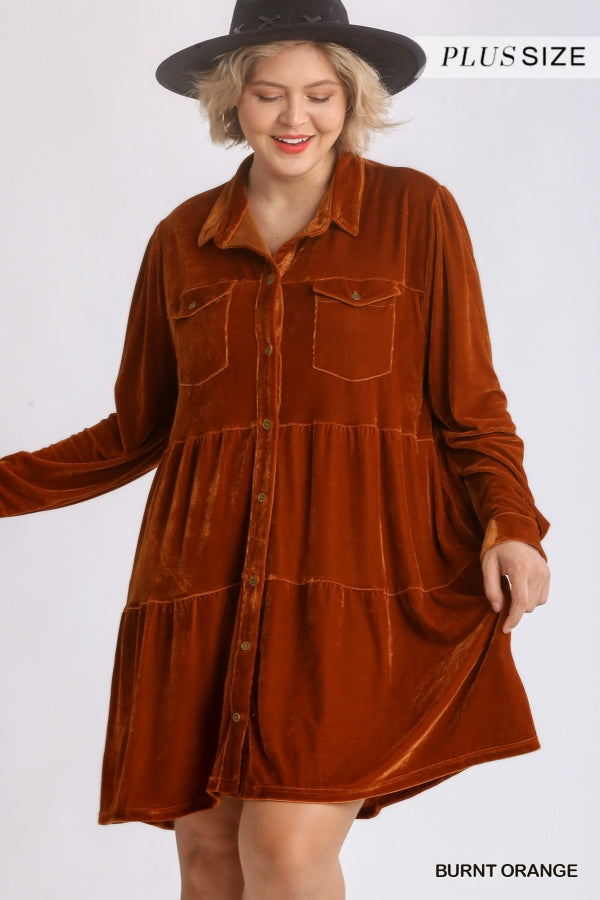 Umgee Plus Velvet Long Sleeve Collar Button Down Tiered Pocket Dress