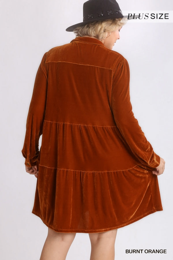Umgee Plus Velvet Long Sleeve Collar Button Down Tiered Pocket Dress