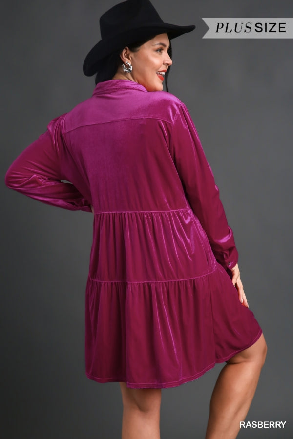 Umgee Plus Velvet Long Sleeve Collar Button Down Tiered Pocket Dress - Roulhac Fashion Boutique