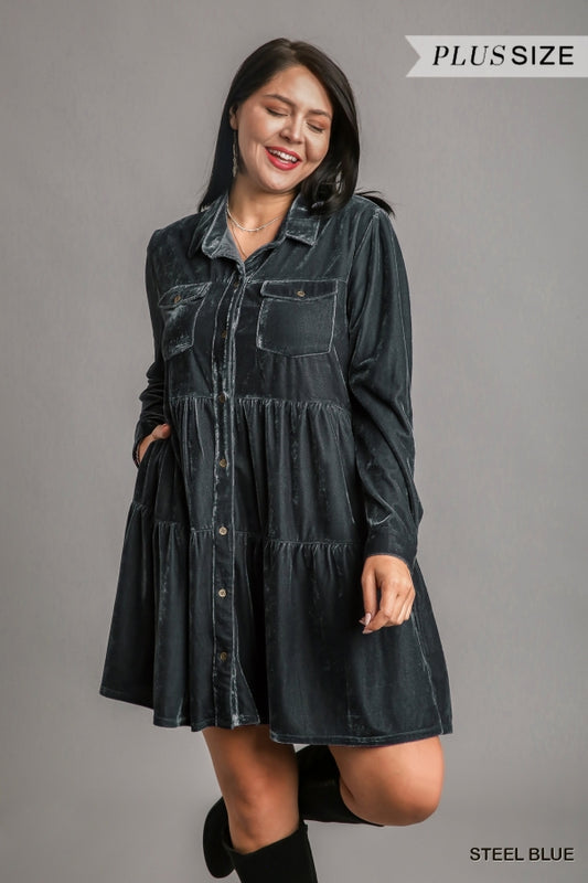 Umgee Plus Velvet Long Sleeve Collar Button Down Tiered Pocket Dress - Roulhac Fashion Boutique