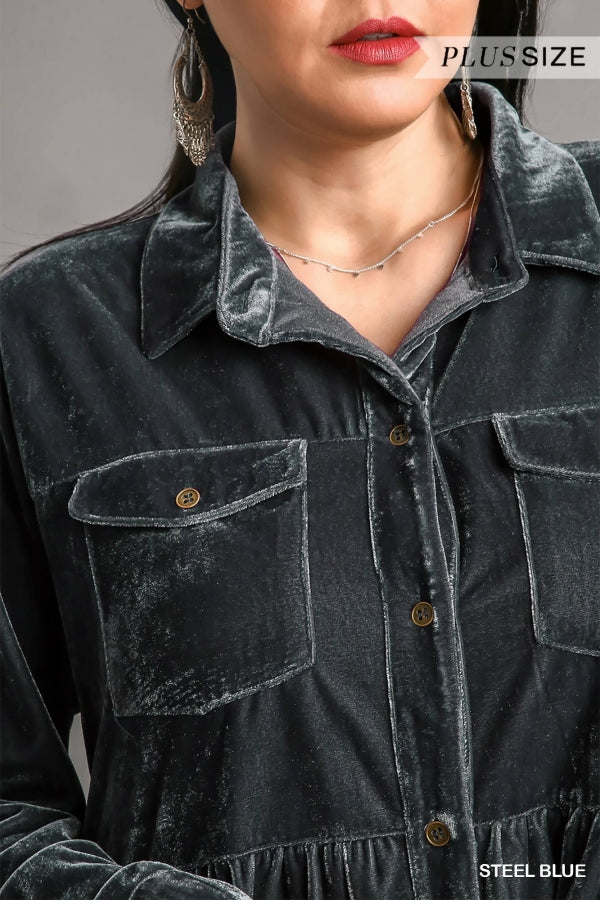 Umgee Plus Velvet Long Sleeve Collar Button Down Tiered Pocket Dress - Roulhac Fashion Boutique