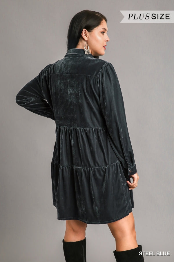 Umgee Plus Velvet Long Sleeve Collar Button Down Tiered Pocket Dress - Roulhac Fashion Boutique