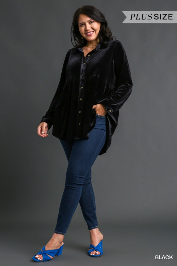 Umgee Plus Velvet Collar Button Down Long Sleeve Tunic Dress