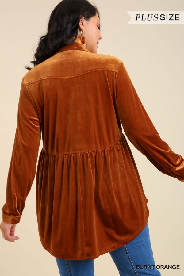 Umgee Plus Velvet Collar Button Down Long Sleeve Tunic Dress