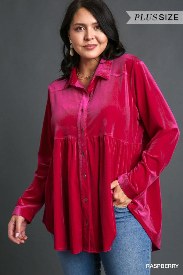 Umgee Plus Velvet Collar Button Down Long Sleeve Tunic Dress - Roulhac Fashion Boutique