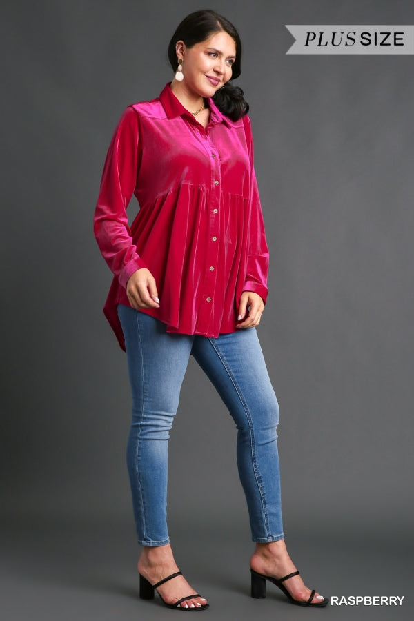 Umgee Plus Velvet Collar Button Down Long Sleeve Tunic Dress - Roulhac Fashion Boutique