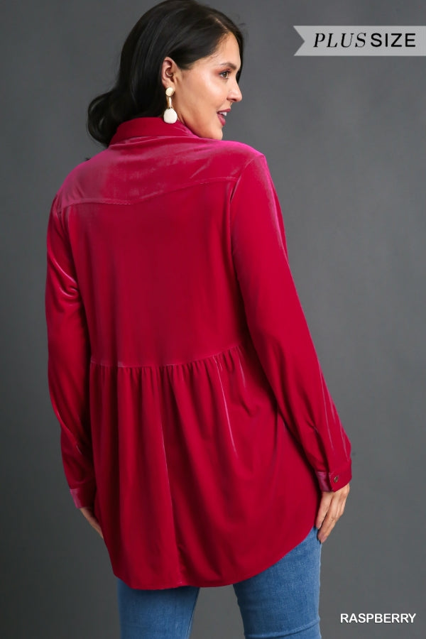 Umgee Plus Velvet Collar Button Down Long Sleeve Tunic Dress - Roulhac Fashion Boutique