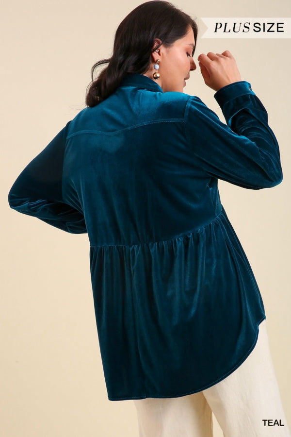 Umgee Plus Velvet Collar Button Down Long Sleeve Tunic Dress - Roulhac Fashion Boutique