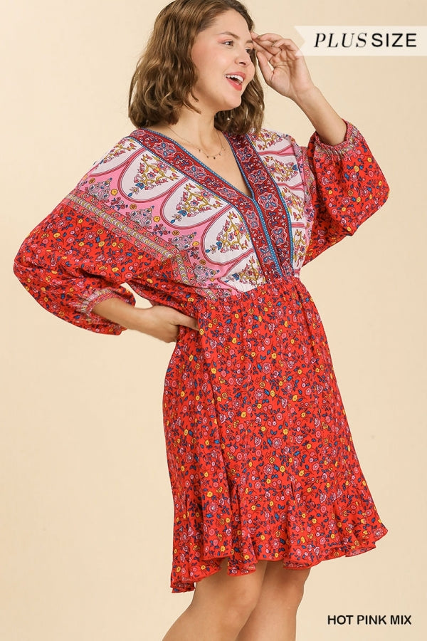 Umgee Plus Mix Mixed Print Long Sleeve Dress - Roulhac Fashion Boutique