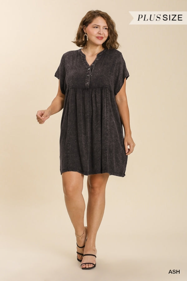 Umgee Plus Mineral Wash Split Neck Button Detail No Lining Dress