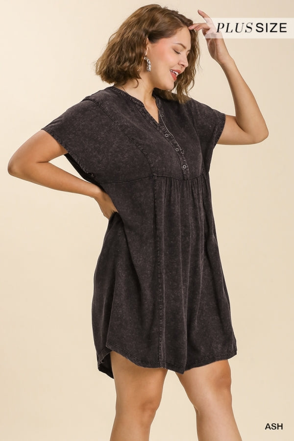 Umgee Plus Mineral Wash Split Neck Button Detail No Lining Dress