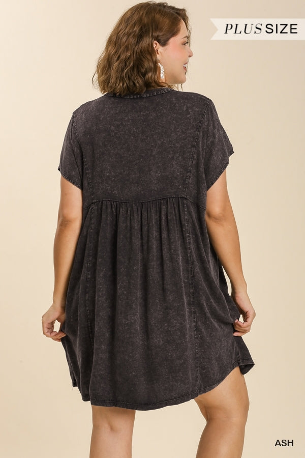 Umgee Plus Mineral Wash Split Neck Button Detail No Lining Dress