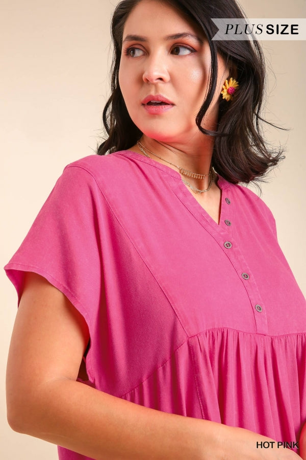 Umgee Plus Mineral Wash Split Neck Button Detail No Lining Dress - Roulhac Fashion Boutique