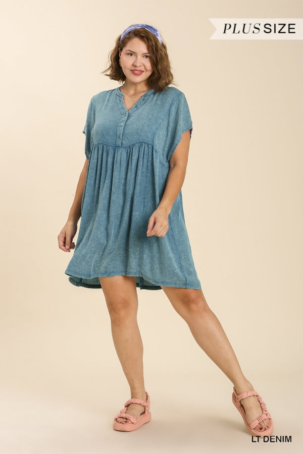 Umgee Plus Mineral Wash Split Neck Button Detail No Lining Dress - Roulhac Fashion Boutique