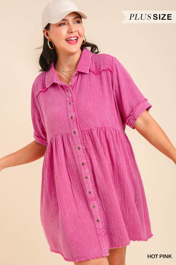 Umgee Plus Mineral Wash Button Down Short Collared Frayed Hem Dress - Roulhac Fashion Boutique