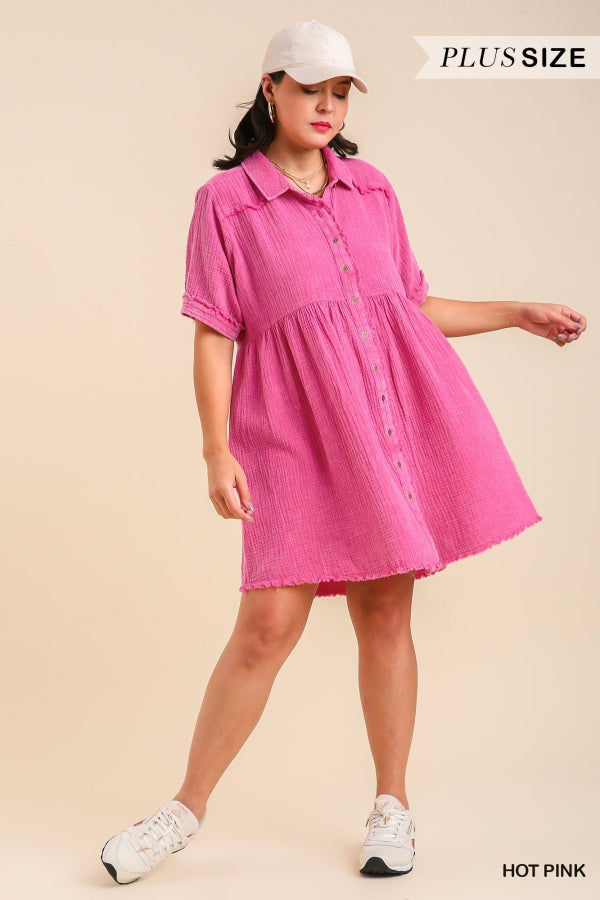 Umgee Plus Mineral Wash Button Down Short Collared Frayed Hem Dress - Roulhac Fashion Boutique