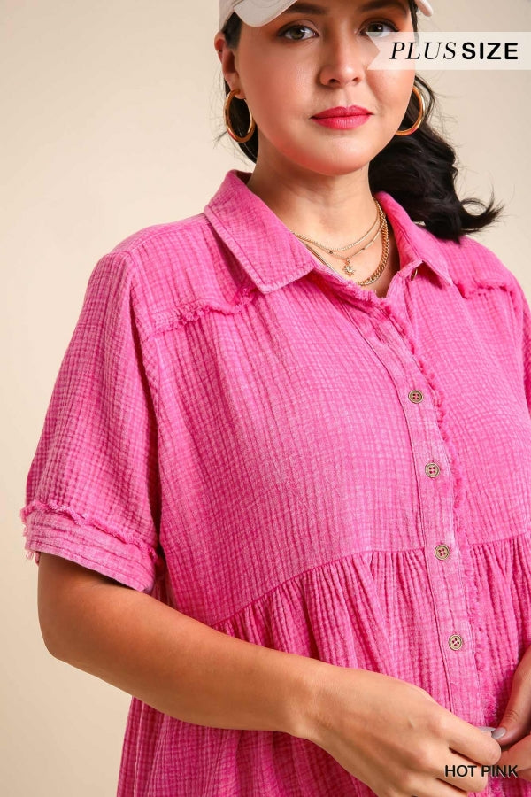 Umgee Plus Mineral Wash Button Down Short Collared Frayed Hem Dress - Roulhac Fashion Boutique