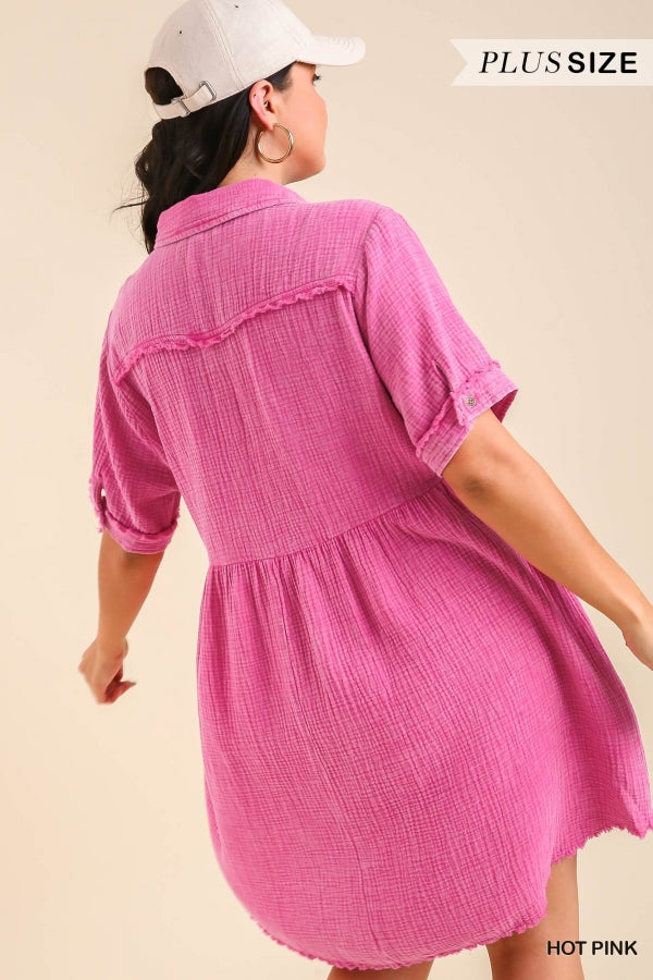 Umgee Plus Mineral Wash Button Down Short Collared Frayed Hem Dress - Roulhac Fashion Boutique